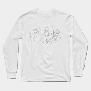 Four members with Salvador Dalí masks, red suits, mustache and machine guns as a black outline sketch money heist (vers. 1) Long Sleeve T-Shirt